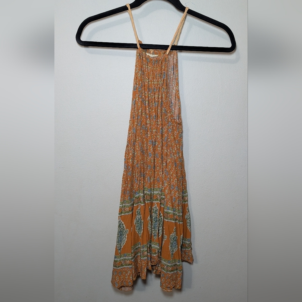 En Creme Flowy Floral Mini Dress Orange + Green Boho Festival Women's Size M